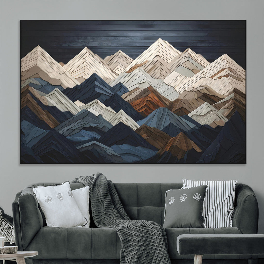 Rustic Mountain Landscape Wall Art Canvas Print, Framed 3D Wooden Effect Mountain Art
