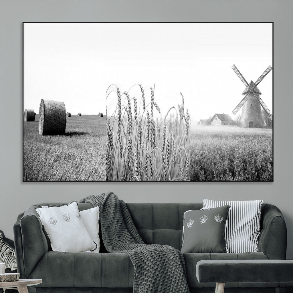Vintage Farmhouse Black and White Triptych Wall Art, Giclee Canvas with Wheat Fields, Hay Bales and Windmill