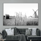Vintage Farmhouse Black and White Triptych Wall Art, Giclee Canvas with Wheat Fields, Hay Bales and Windmill