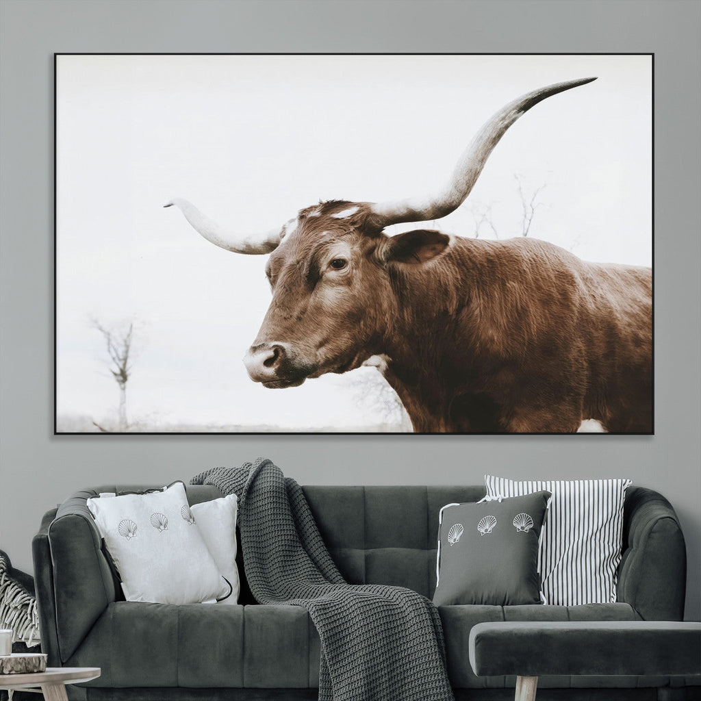 Rustic Bull Wall Art Canvas Print, Modern Longhorn Farmhouse Animal Decor