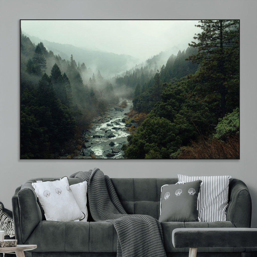 Misty Forest Wall Art, Tranquil Nature Landscape, Ready to Hang | Extra Large 3 Piece Canvas Wall Art