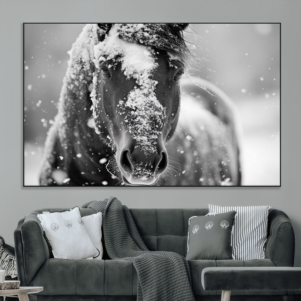 Black and White Horse Winter Wall Art, Ready to Hang