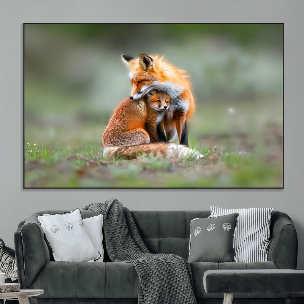 Heartwarming Fox and Baby Cub Wall Art | Canvas Print of Foxes in Nature