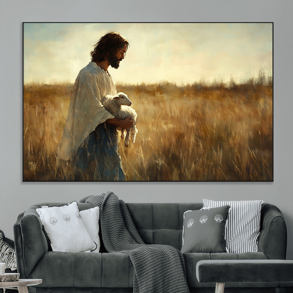 Jesus the Good Shepherd Wall Art Canvas Print, Inspirational Christian Religious Print for Prayer Room