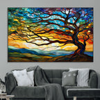 Vibrant Mosaic Tree of Life Wall Art, Stained Glass Style Canvas Print