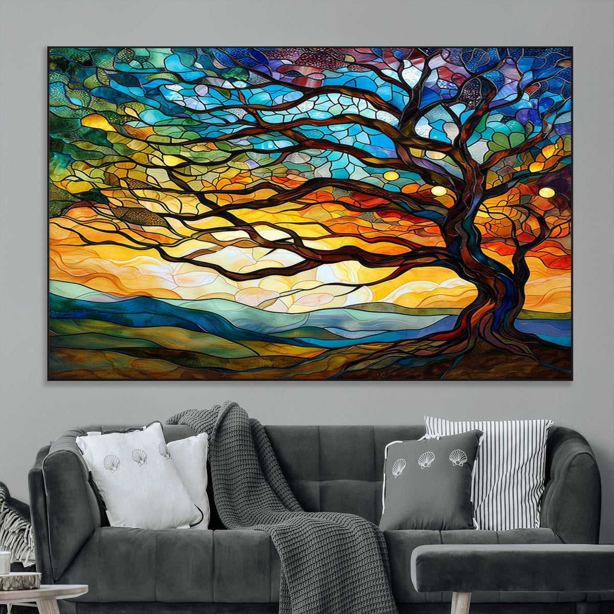 Vibrant Mosaic Tree of Life Wall Art, Stained Glass Style Canvas Print