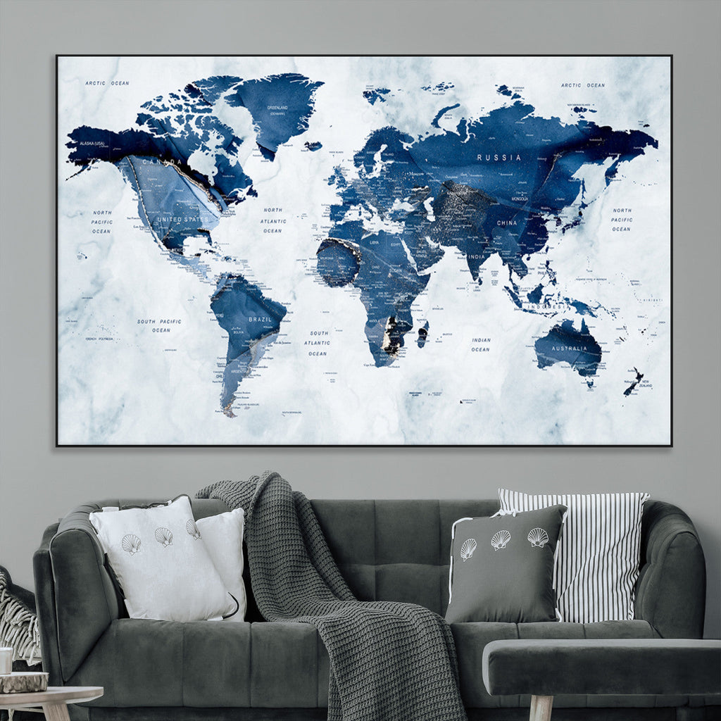 Modern Blue World Map Canvas Print | Elegant Travel Map Wall Art for Home Office