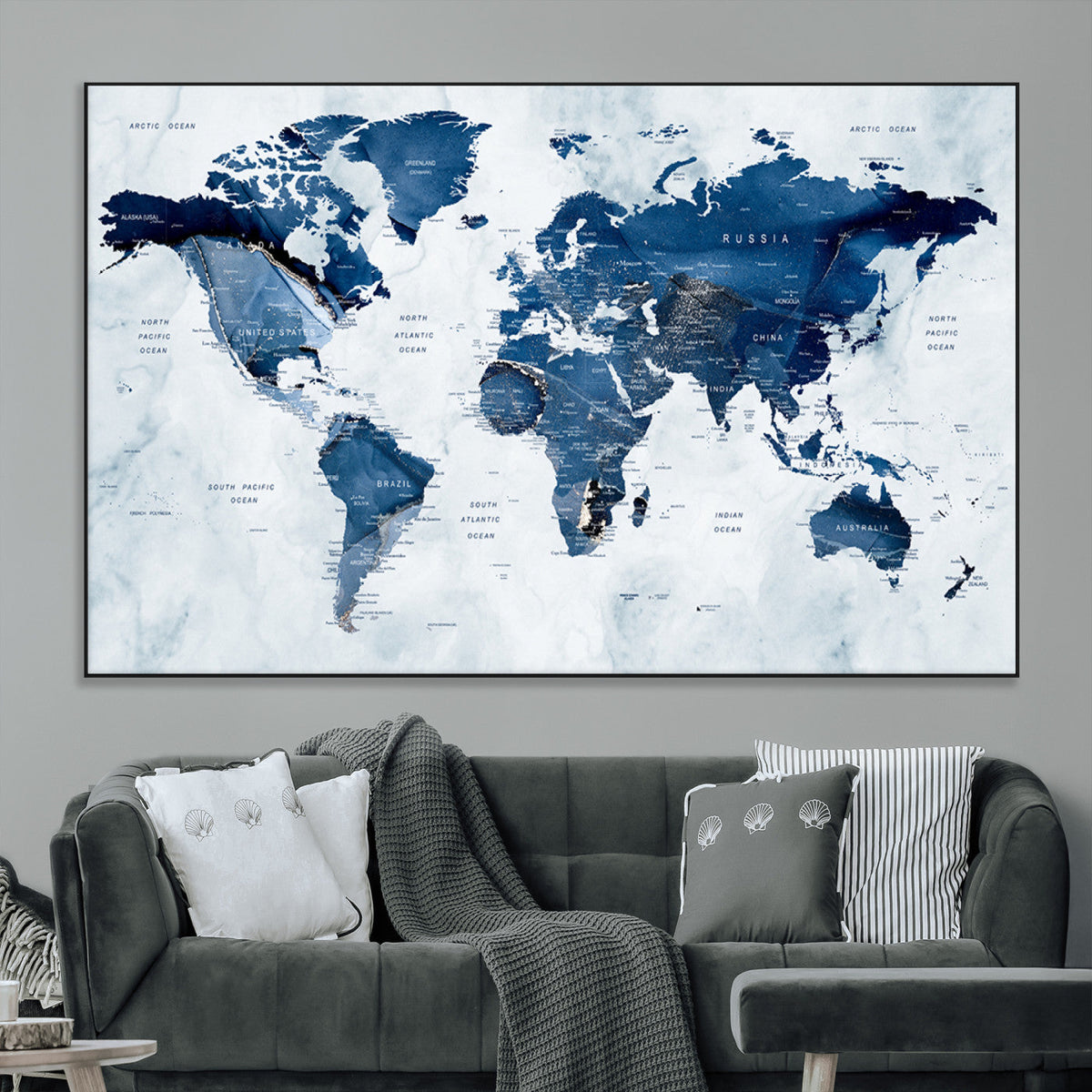 Modern Blue World Map Canvas Print | Elegant Travel Map Wall Art for Home Office