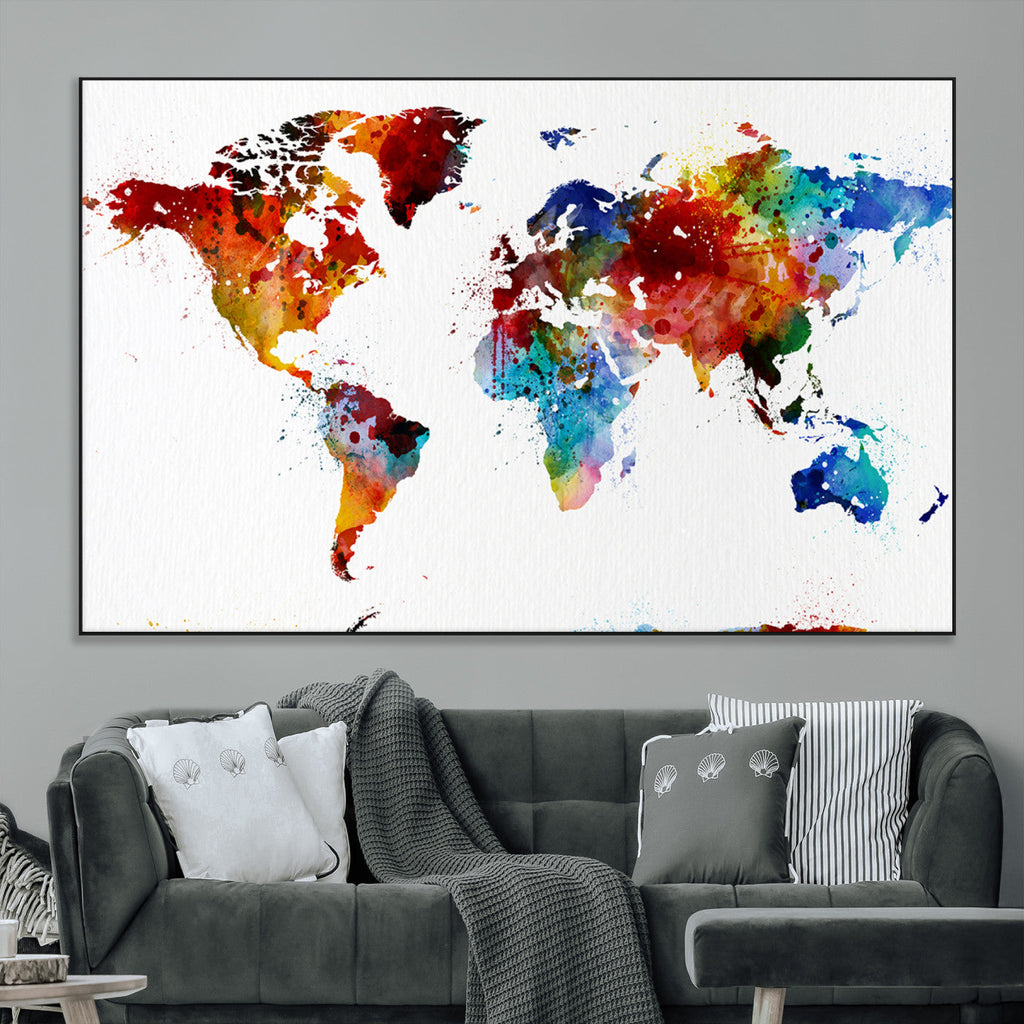 Colorful World Map Canvas Wall Art Print, Contemporary Global Map Artwork