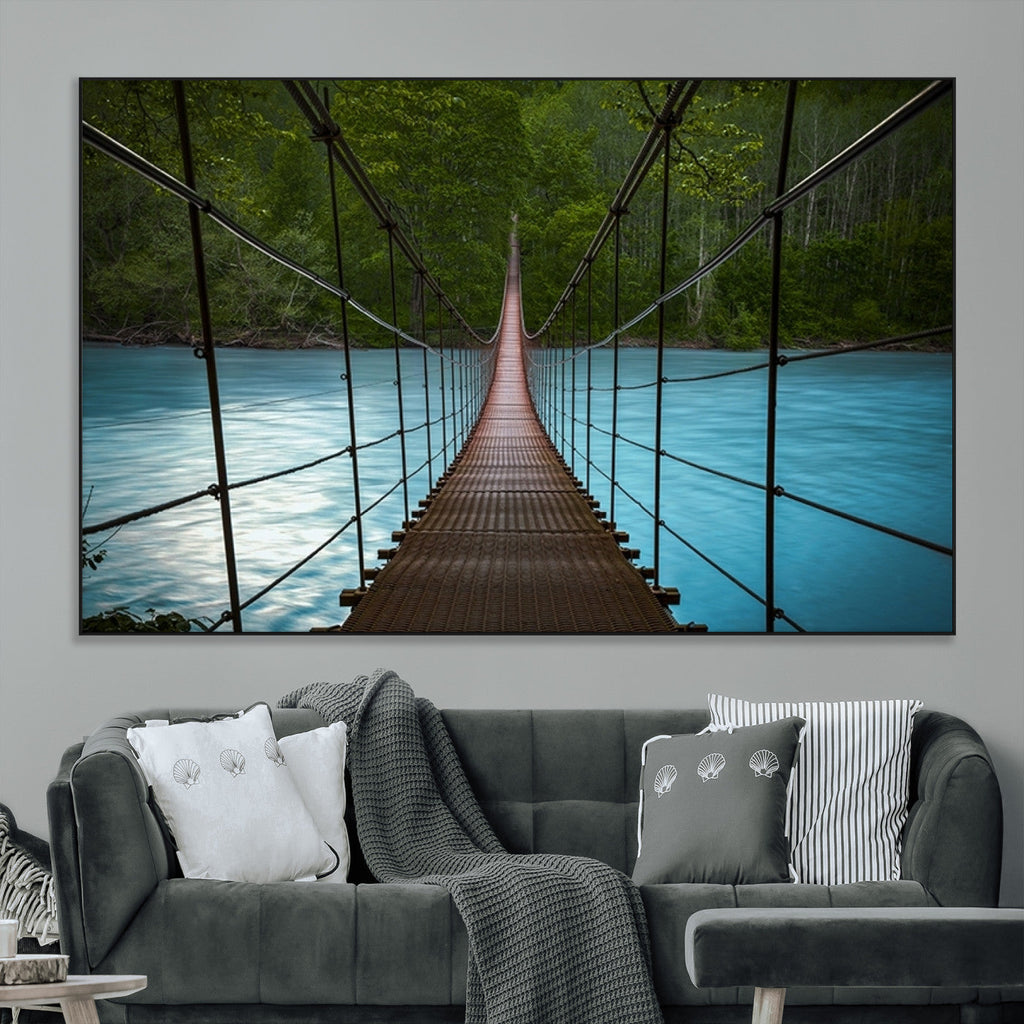 Suspension Bridge Over River Canvas Art | 3-Panel Nature Wall Art