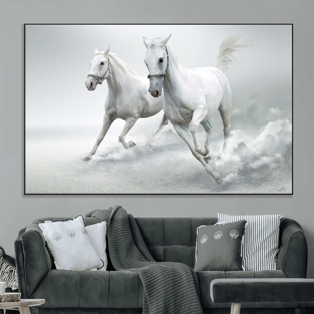 Large Wall Art Canvas Print, Beautiful Running White Horses