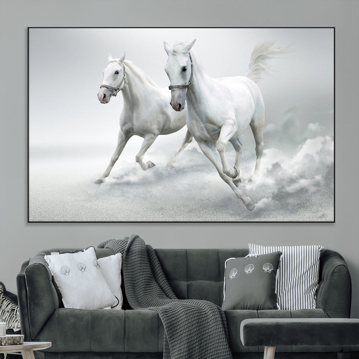 Large Wall Art Canvas Print, Beautiful Running White Horses
