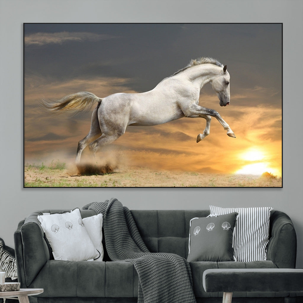 Large Wall Art Canvas Print, White Jumping Horse at Sunset