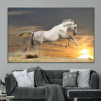 Large Wall Art Canvas Print, White Jumping Horse at Sunset