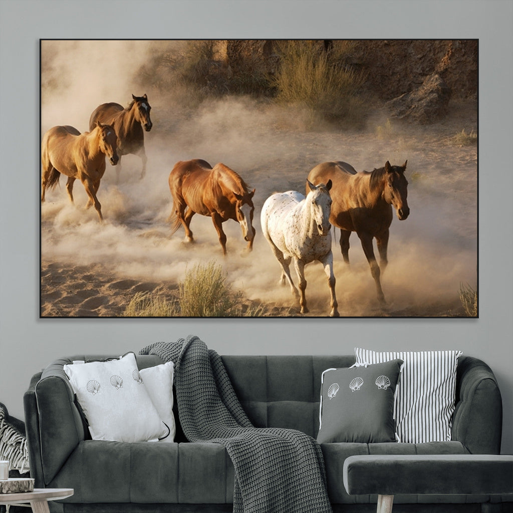 Large Wall Art 5 Horses Running on Sand Canvas Print