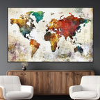 Watercolor World Map Canvas Print | Framed Travel Map Wall Art for Couples