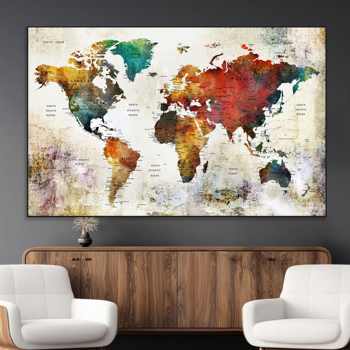 Watercolor World Map Canvas Print | Framed Travel Map Wall Art for Couples