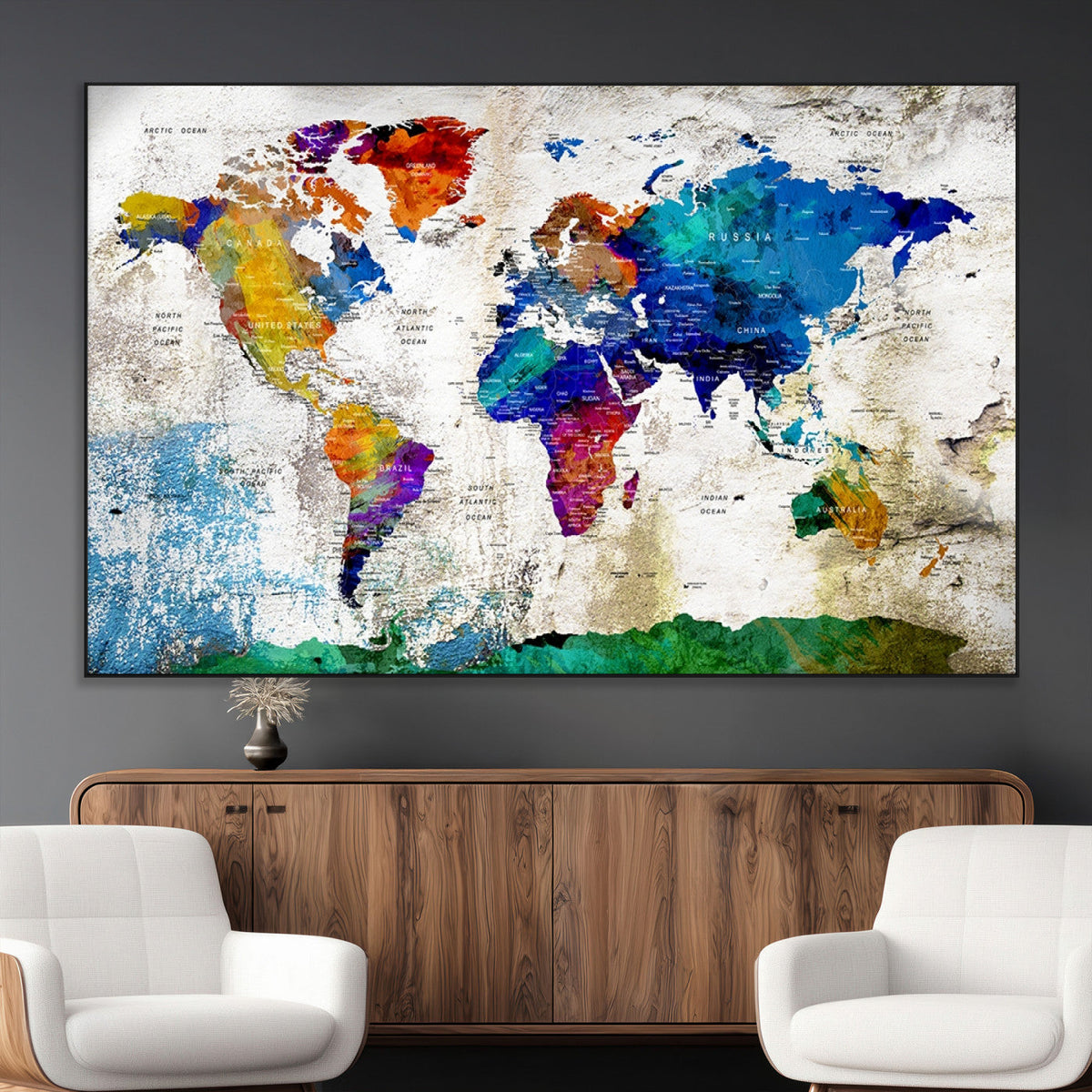 Navy Blue and Orange Watercolor World Map Canvas Print | Framed Travel Map