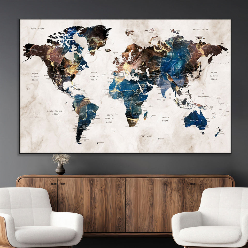 Abstract Earth Tone Blue World Map Canvas Print | Framed Travel Map Wall Art