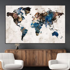 Abstract Earth Tone Blue World Map Canvas Print | Framed Travel Map Wall Art