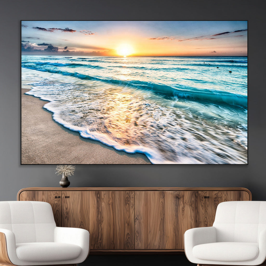Sunset Beach Waves Canvas Wall Art | Ocean Sunset Coastal Print