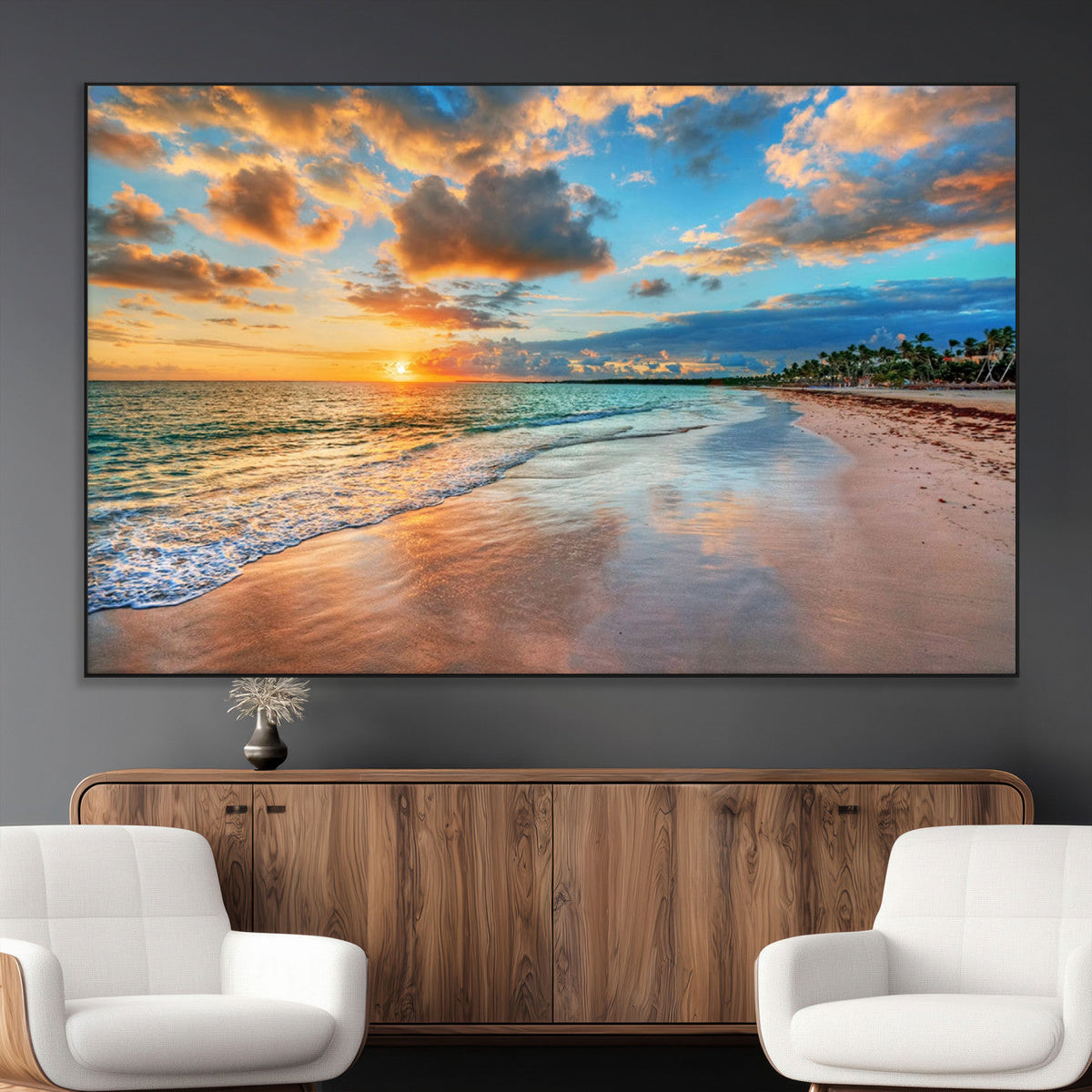 Sunset Beach Canvas Wall Art | Tropical Triptych Seascape Print