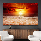 Red Sunset Ocean Beach Canvas Wall Art, Coastal Sunset Print