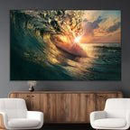 Ocean Wave Sunset Canvas Wall Art | Triptych Seascape Print
