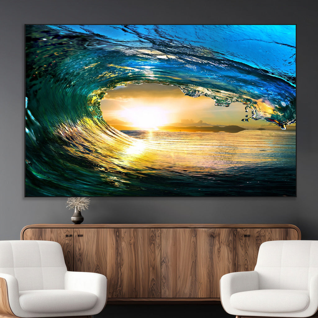 Ocean Wave at Sunset Canvas Art, Large Wall Print of Vibrant Surfing Wave