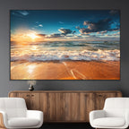 Golden Sunset Beach Triptych Canvas Art, Giclee Coastal Wall Decor, Ocean Waves Print