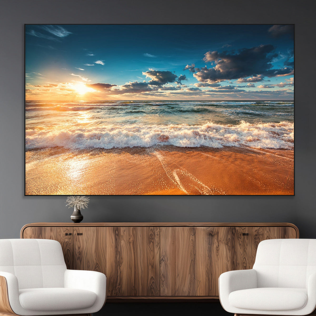 Golden Sunset Beach Triptych Canvas Art, Giclee Coastal Wall Decor, Ocean Waves Print