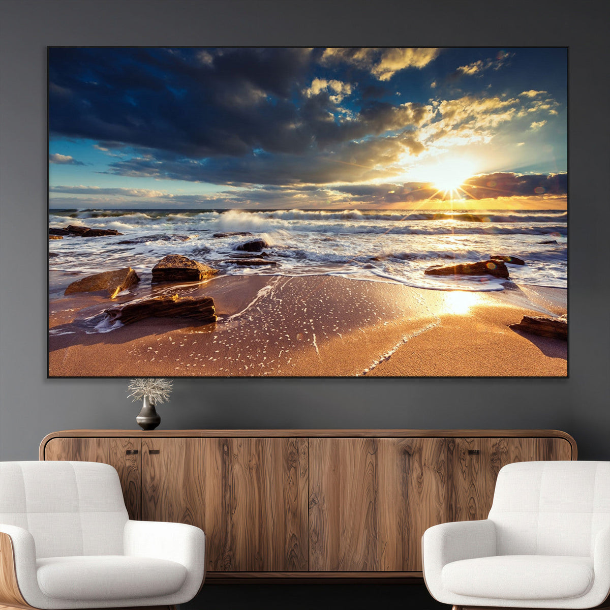 Golden Hour Beach Sunset Canvas Triptych, Ocean Waves and Rocks Wall Art