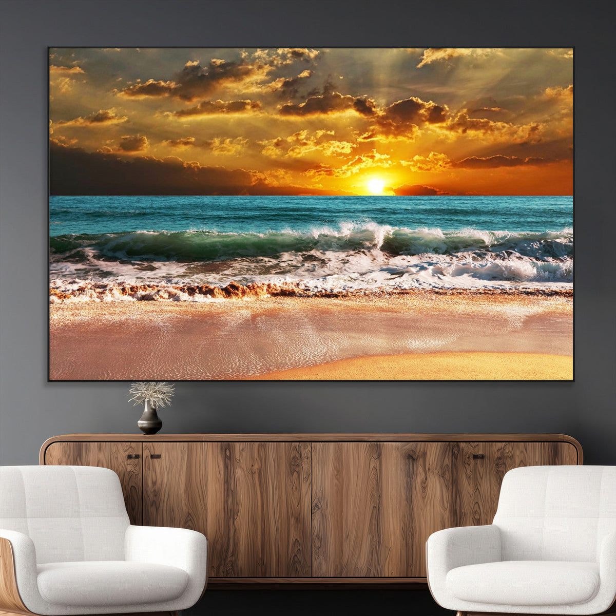 Golden Sunset Beach Canvas Wall Art | Triptych Seascape Print, Framed and Ready to Hang