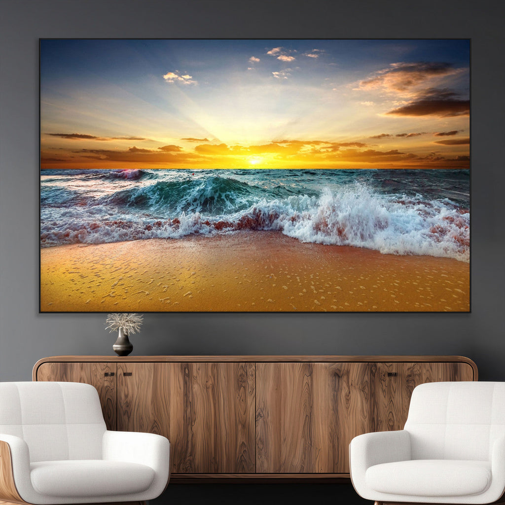 Golden Sunset Ocean Waves Wall Art Canvas Print | Multi Panel Beach Canvas Set, Coastal Triptych