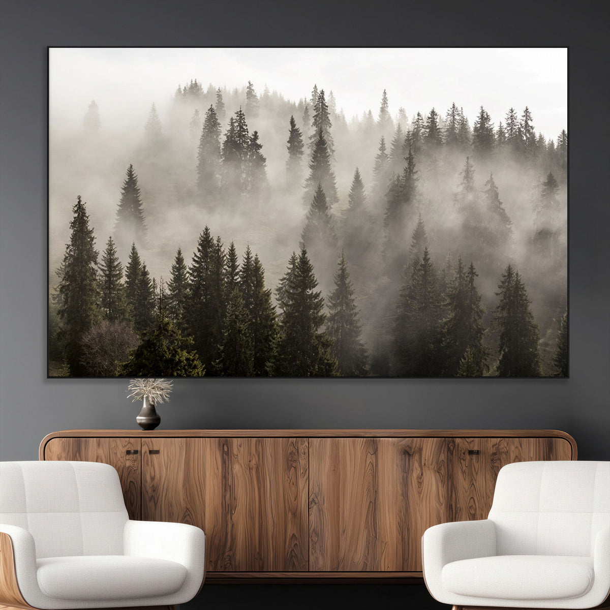 Foggy Mountain Wall Art | 3-Panel Foggy Forest and Mountain Landscape Canvas Print