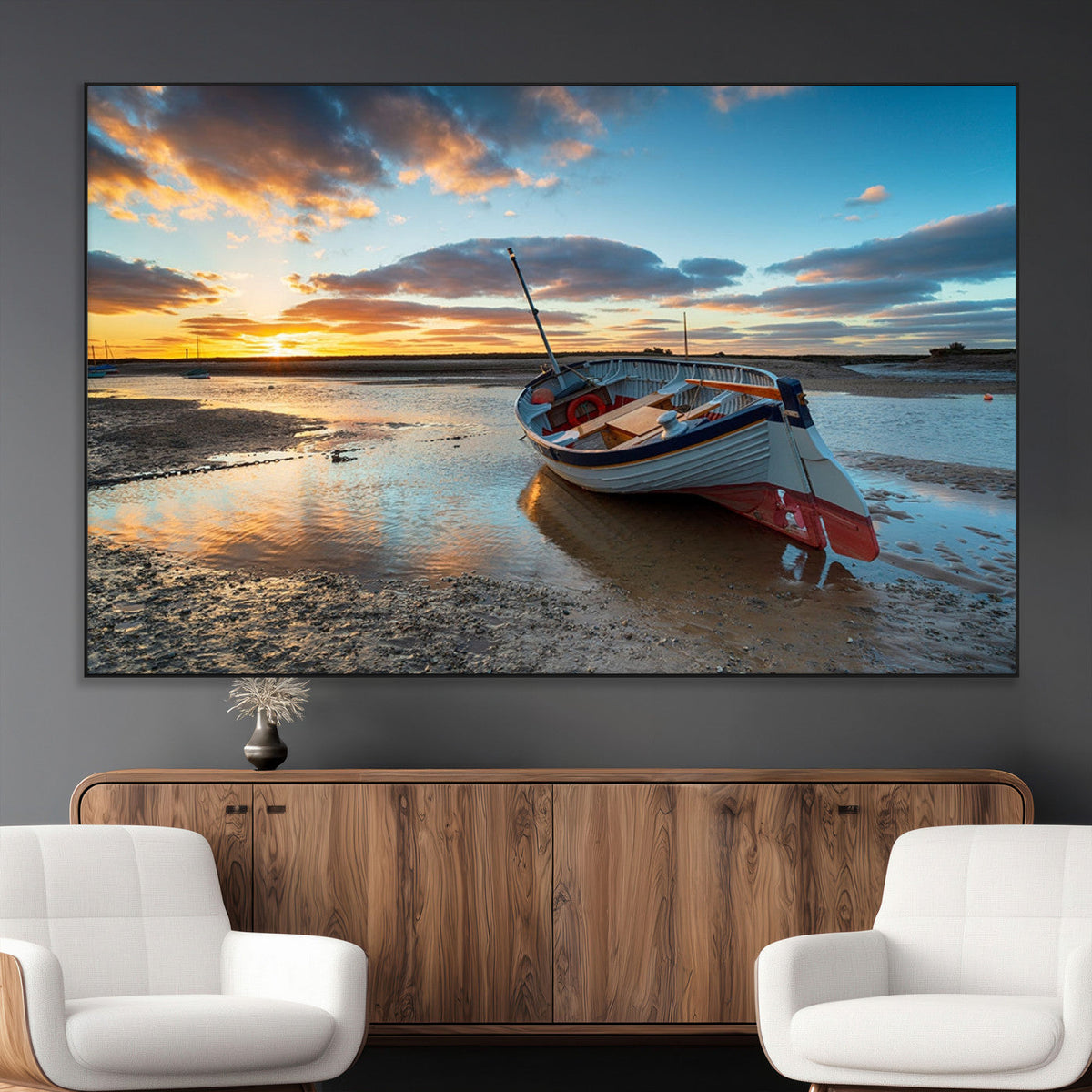 Small Boat At The Beach Sunset Wall Art, Boat Sunset Wall Art Canvas Print