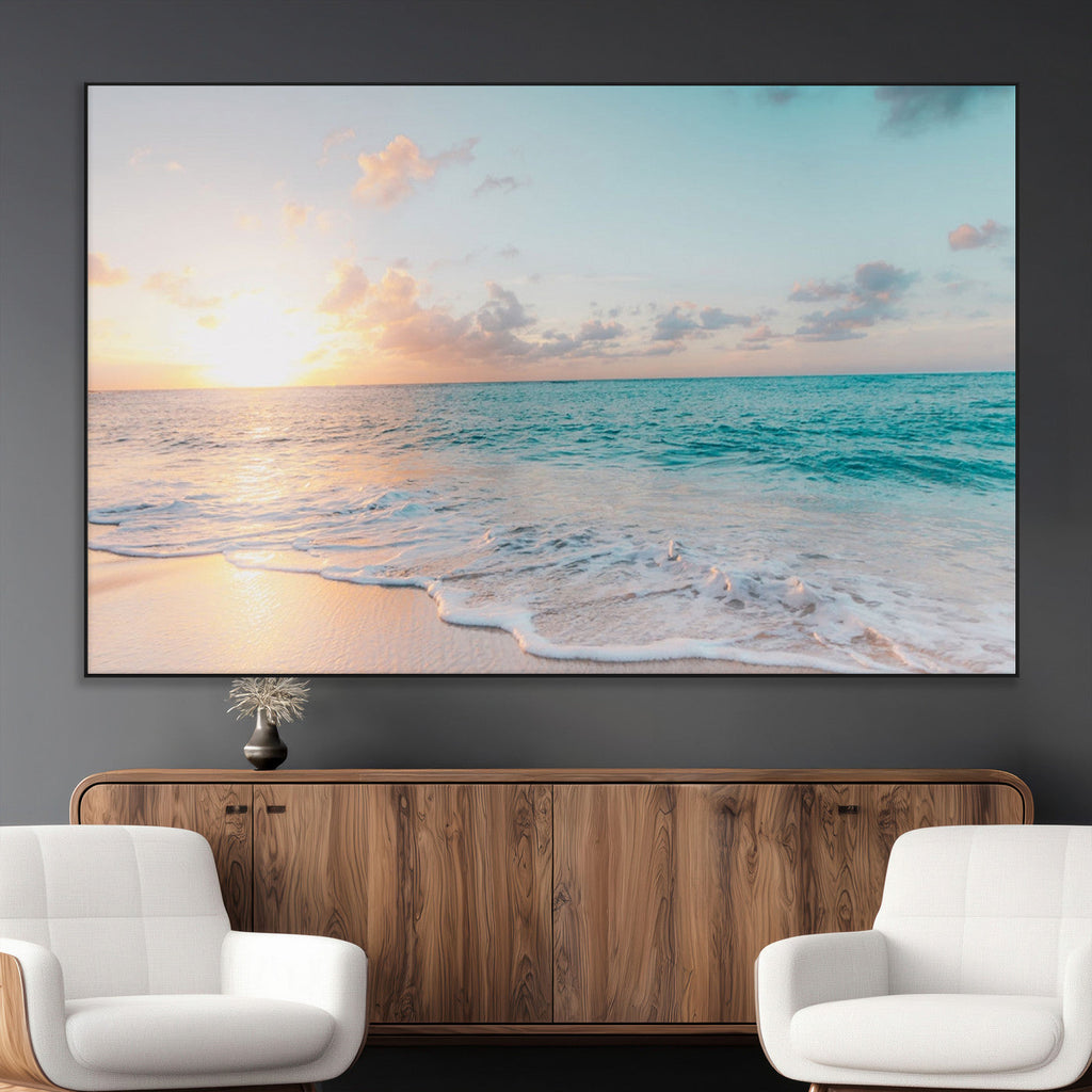 Tranquil Ocean Beach Sunset Canvas Wall Art | 3-Panel Coastal Decor
