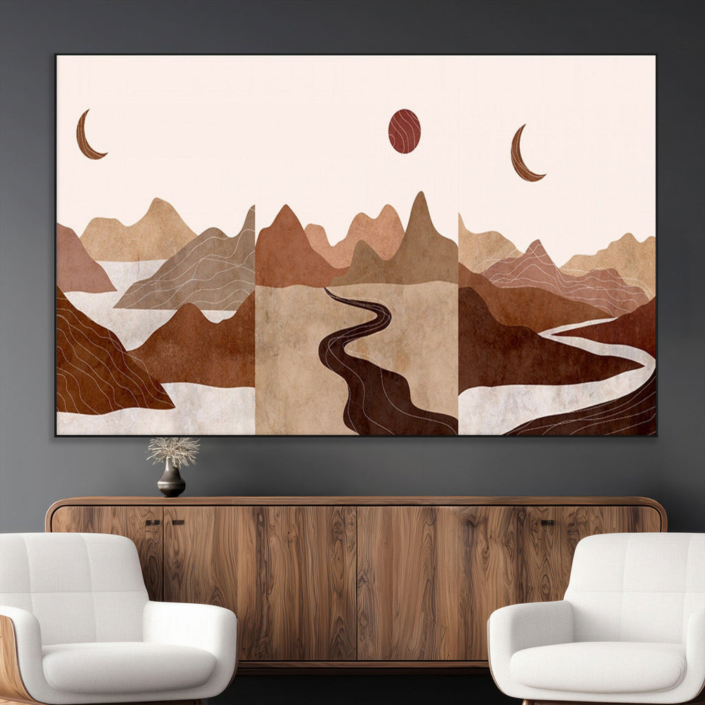 Boho Wall Art Canvas Print Set | Mid-Century Bohemian Wall Artwork, Boho Neutral