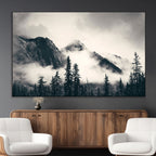 Forest Mountain Print | Black and White Canvas Wall Art with Misty Forest Design