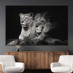 Lion Couple Wall Art Canvas Print, Elegant Black and White Wildlife Portrait