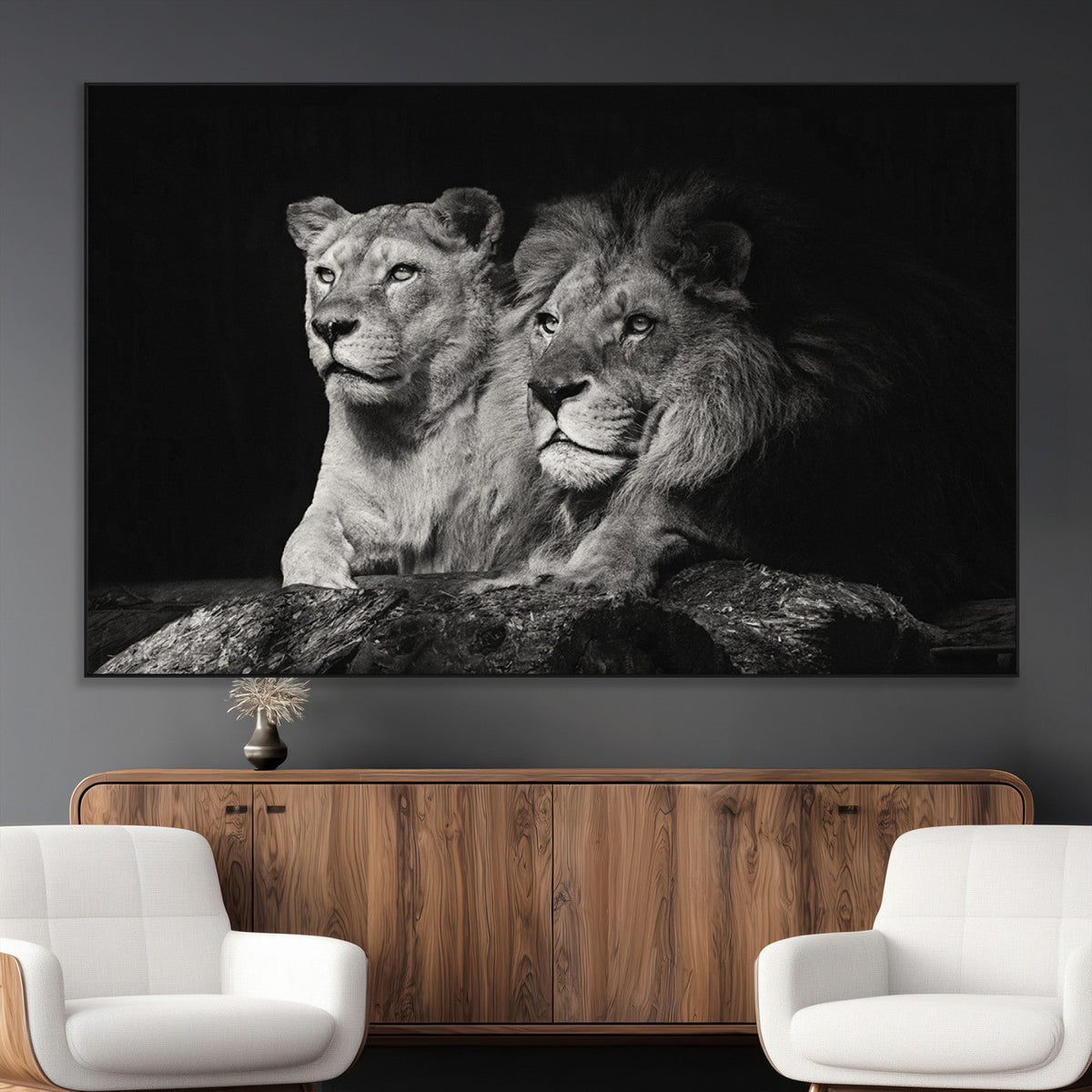 Lion Couple Wall Art Canvas Print, Elegant Black and White Wildlife Portrait