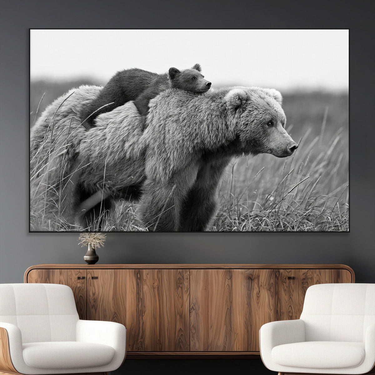Bear and Cub Wall Art Canvas | Grizzly 399 Bear and Cub Black and White Wildlife Print