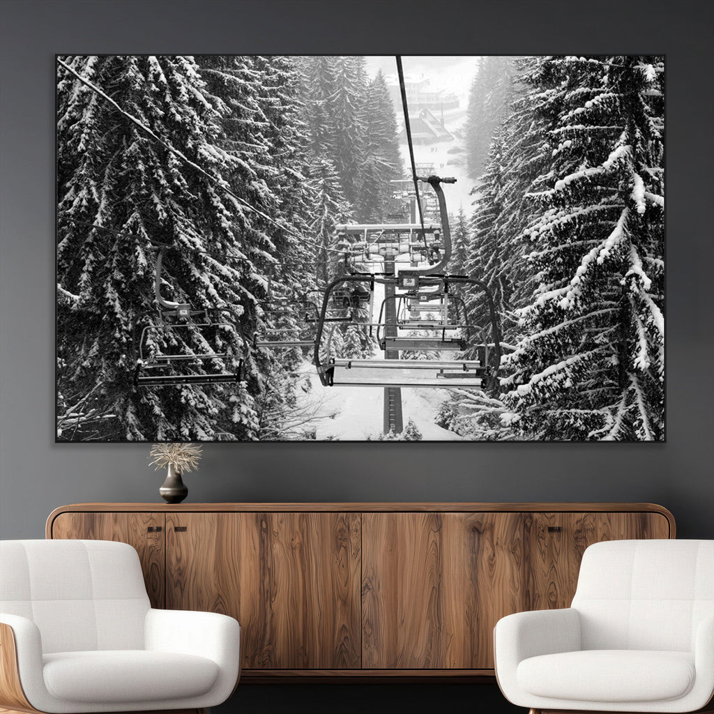 Winter Ski Lift Black and White Canvas Wall Art | Alpine Escape in Minimalist Style
