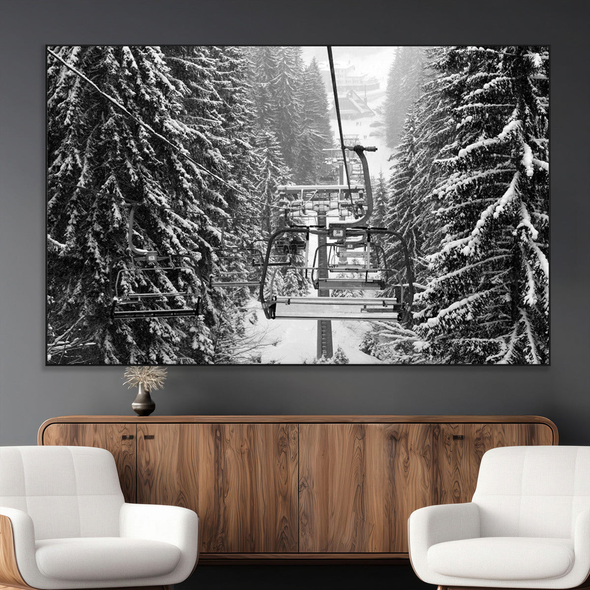 Winter Ski Lift Black and White Canvas Wall Art | Alpine Escape in Minimalist Style