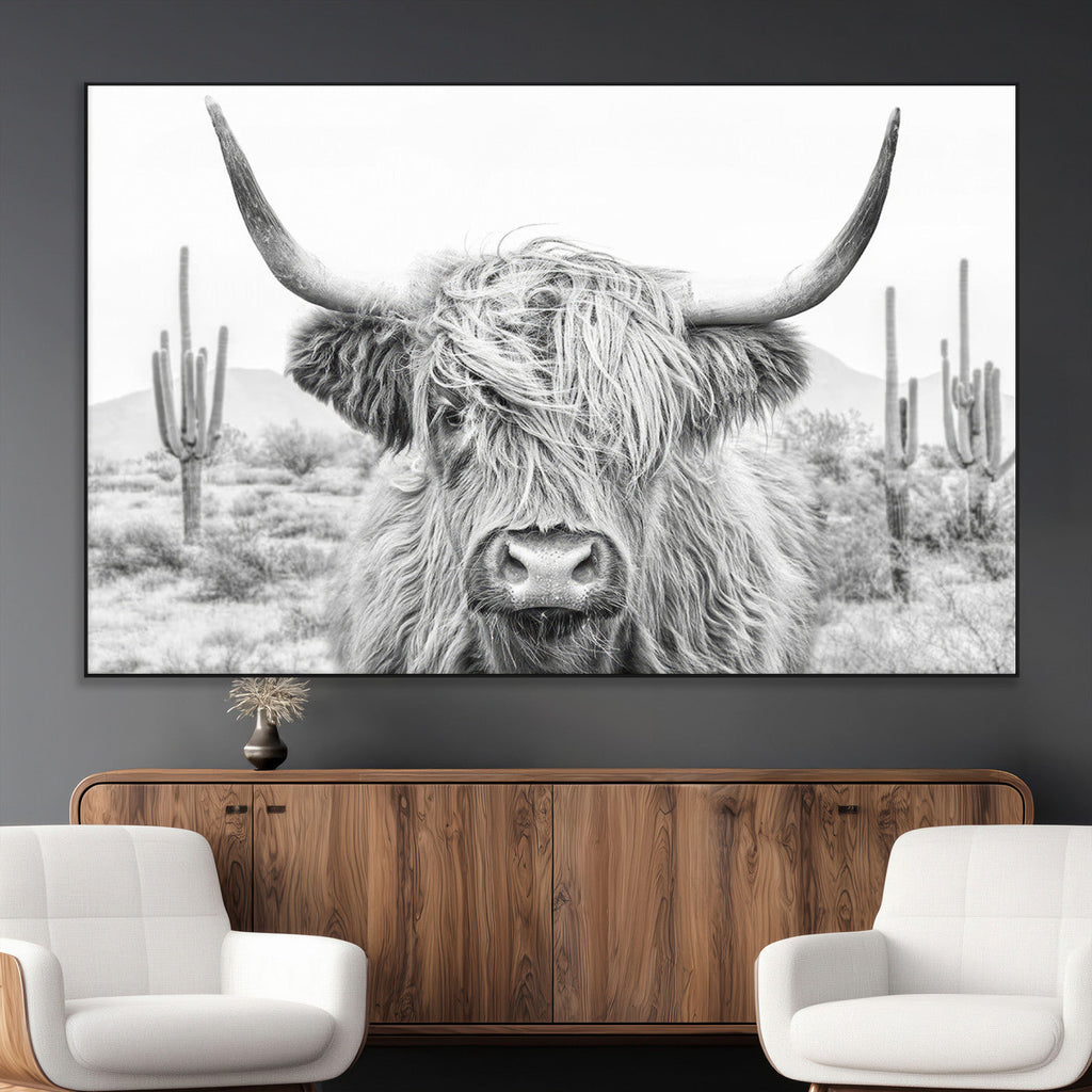 Rustic Charm, Cow Longhorn Black White Bighorn Wall Art