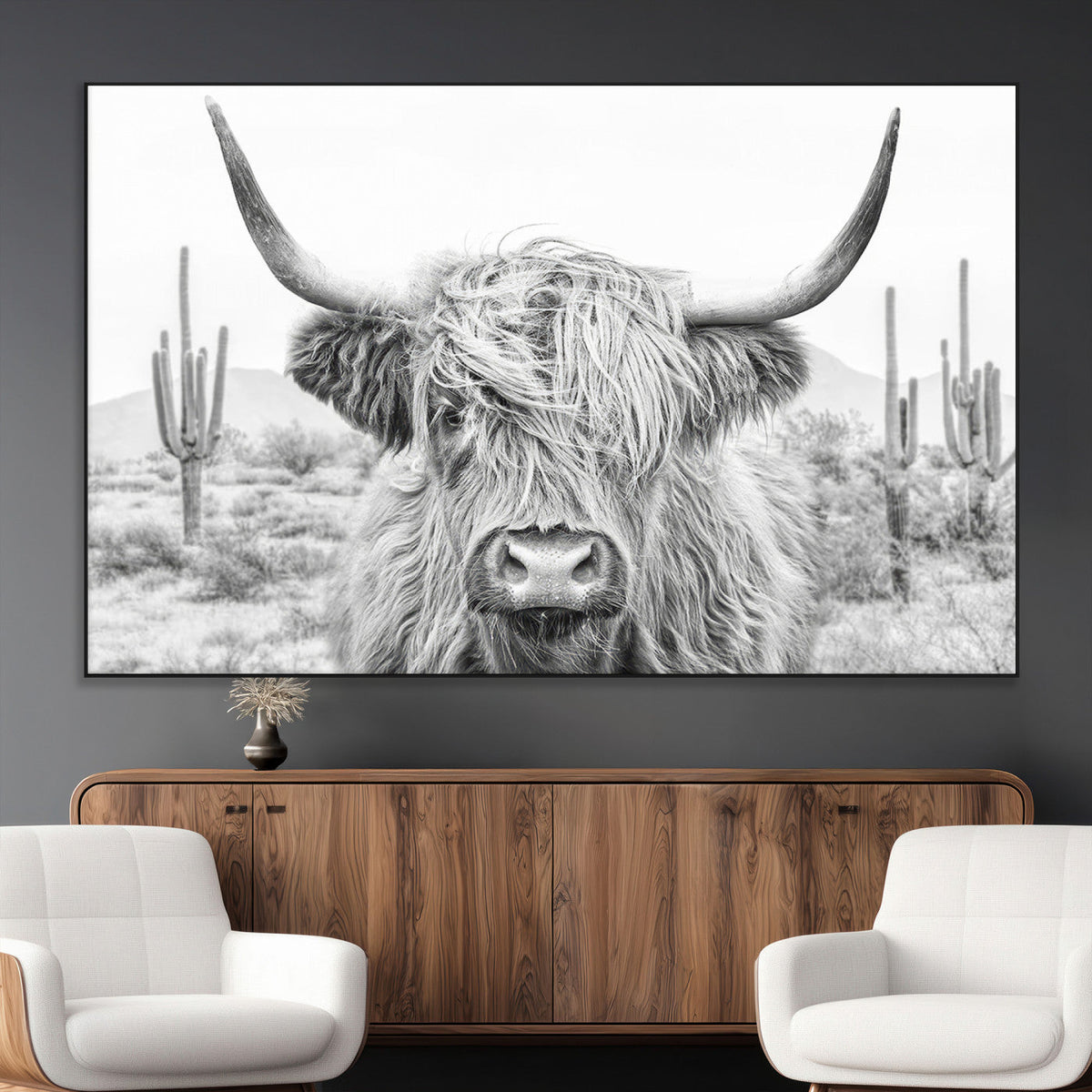 Rustic Charm, Cow Longhorn Black White Bighorn Wall Art