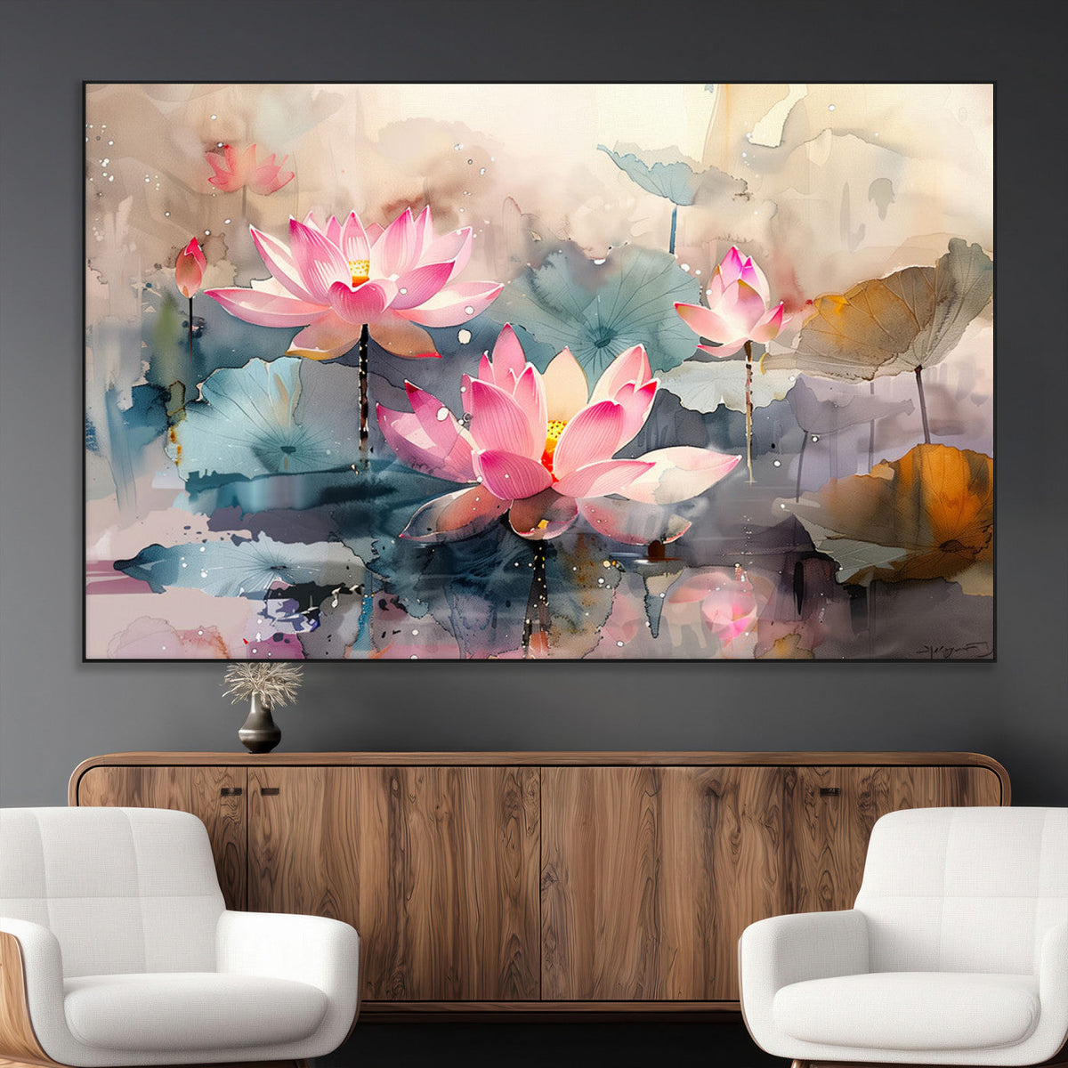 Lotus Flower Wall Art | 3 Panel Giclee Canvas Print of Pink Lotus Blossoms