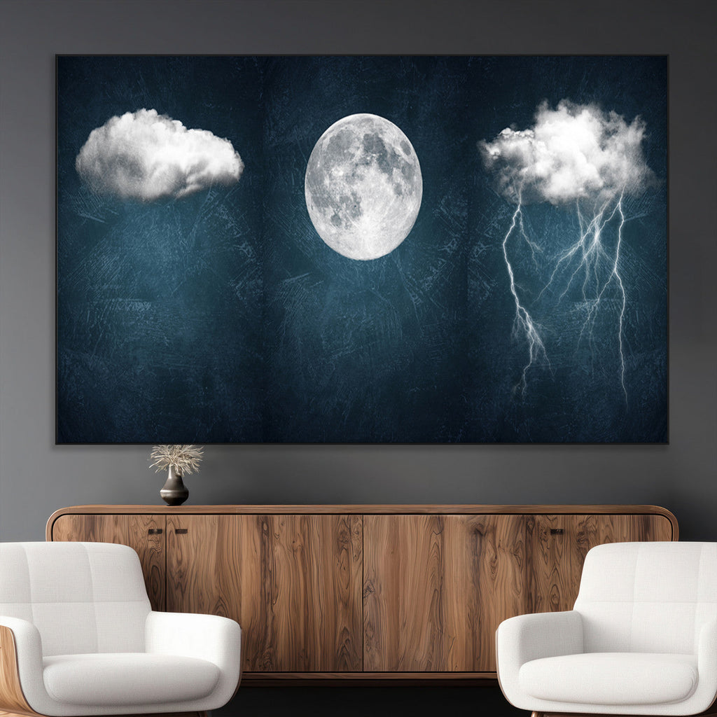 3 Piece Indigo Cloud Wall Art, Thunderstorm Moon Cloud Artwork