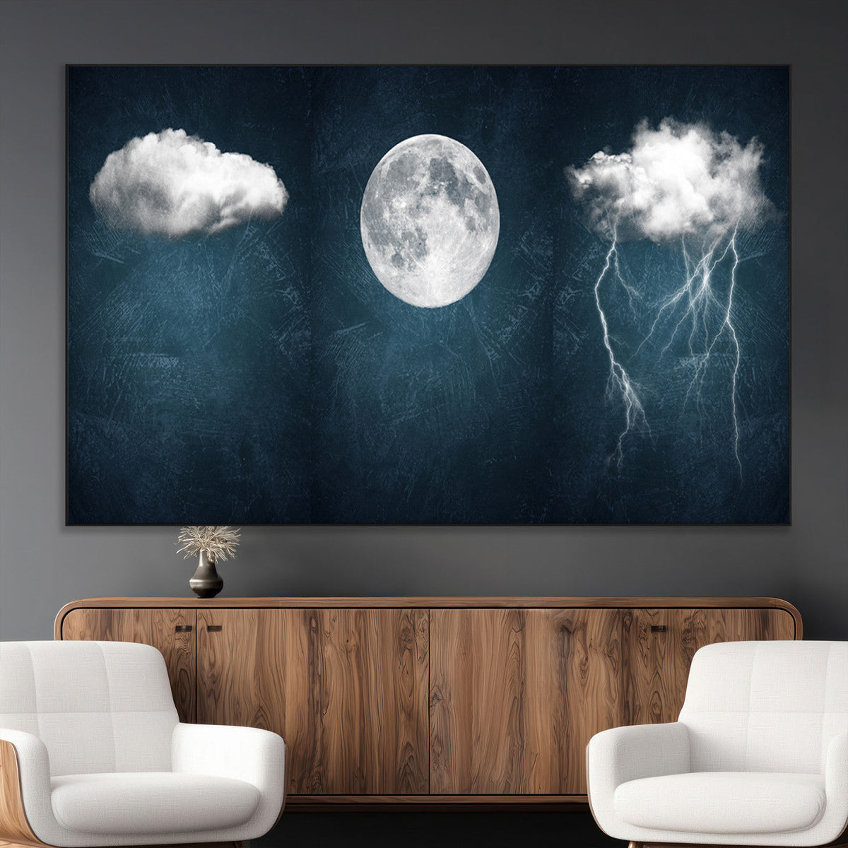 3 Piece Indigo Cloud Wall Art, Thunderstorm Moon Cloud Artwork
