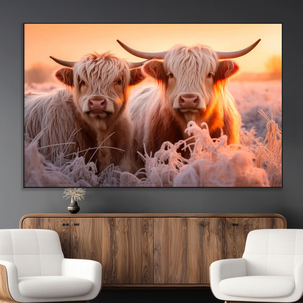 Highland Cows at Sunrise Wall Art Canvas Set